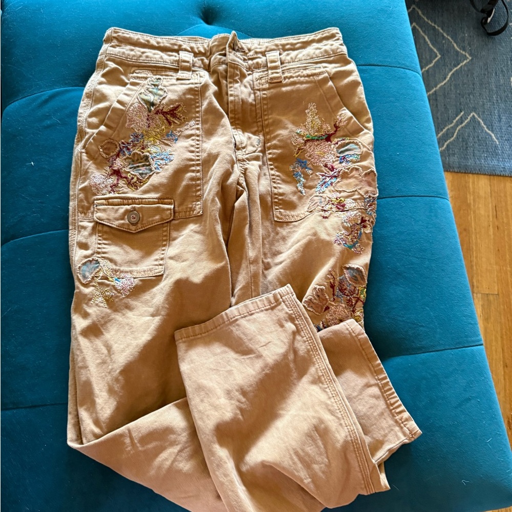 Anthropologie Khaki Wanderer Paints with Floral Embroidery Details